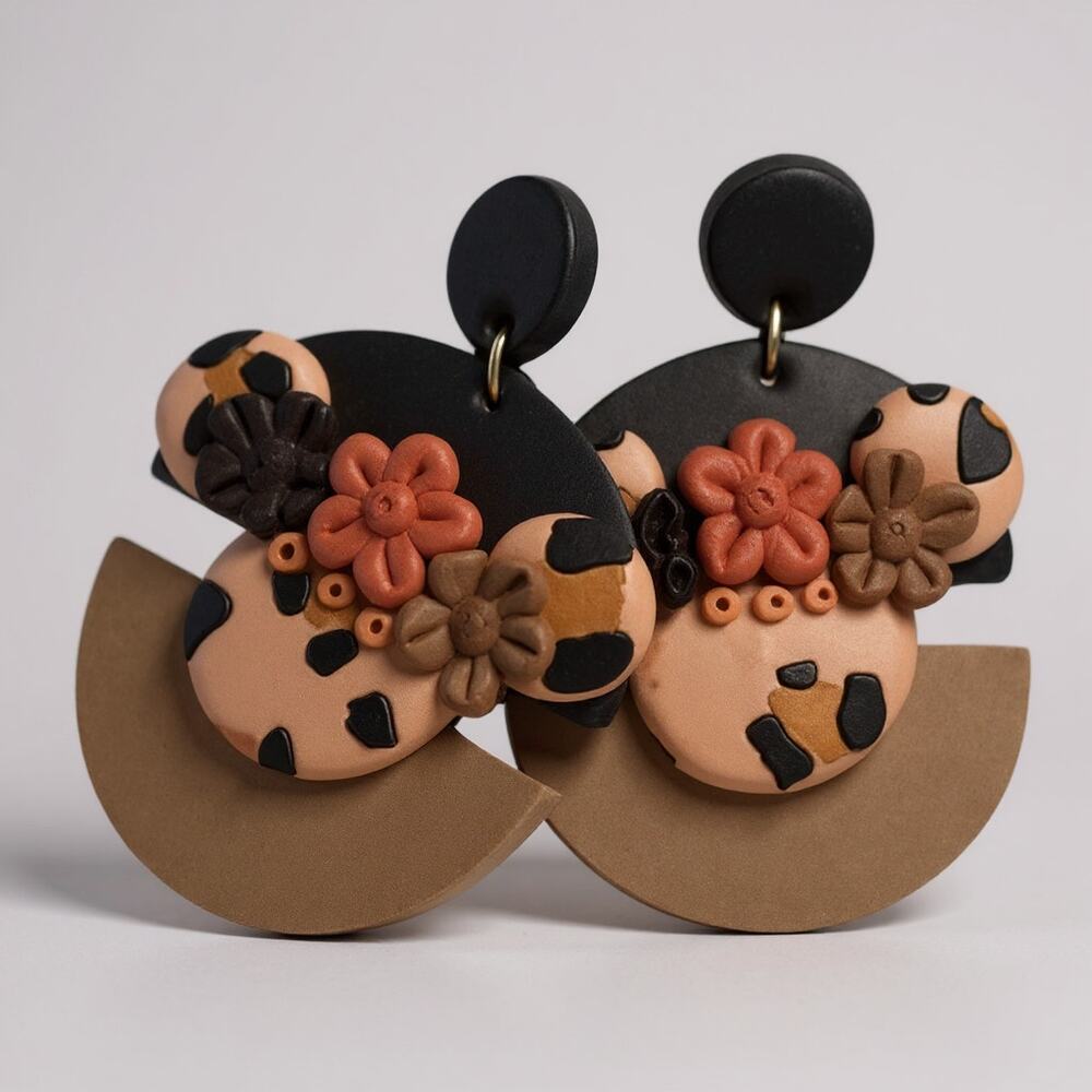 Handcrafted Brown and Black Floral Statement Earrings